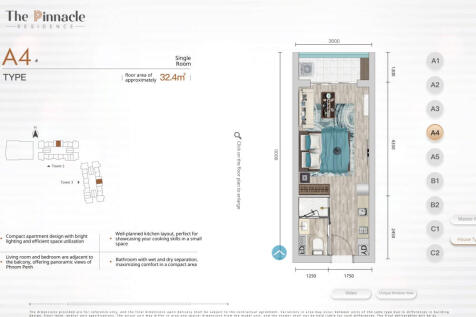 Studio For Sale - The Pinnacle Residence Type A4 Condominium, Tonle Bassac, Phnom Penh