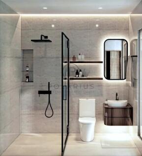 A modern bathroom with a sleek design features a g