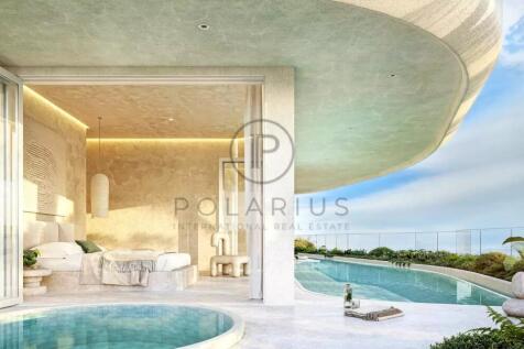 Luxurious modern bedroom with a poolside view, fea