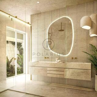 Modern bathroom with a frameless backlit mirror, m