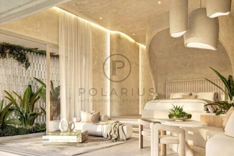 A luxurious bedroom with soft, neutral tones, feat