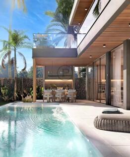 A modern luxury villa features a sleek swimming po
