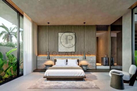 Modern bedroom with a large bed, stylish decor, fl