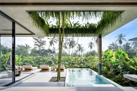 A modern tropical villa features a sleek pool surr