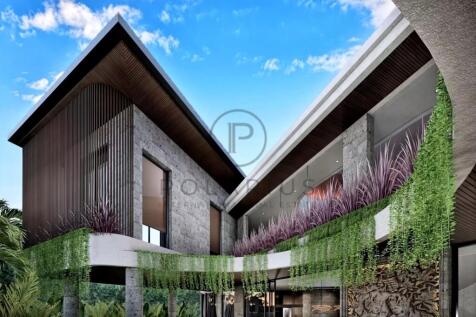 Modern architectural building with stone walls, la