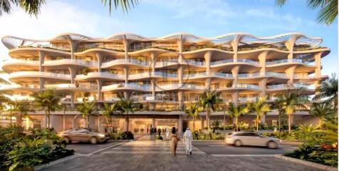 The image depicts a modern, multi-story building w