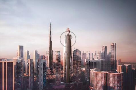 The image shows a futuristic skyline with tall sky