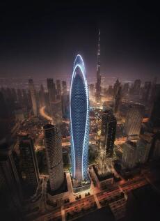 A futuristic skyscraper illuminated at night stand