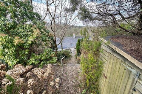 Mature shrubs and trees and shed