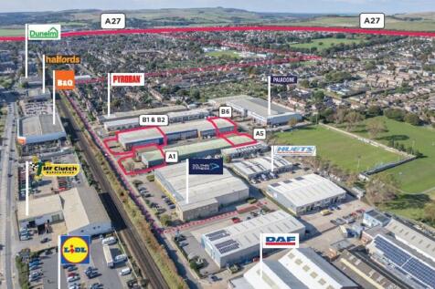 General aerial image with logos for all listings
