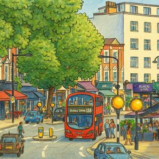 Sunny London Street with Red Bus.png