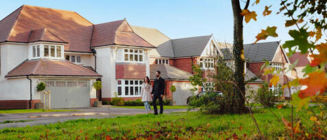 Suburban street with large two-story houses, a couple walking on the sidewalk, and autumn leaves on
