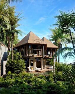 A tropical villa with a thatched roof is surrounde