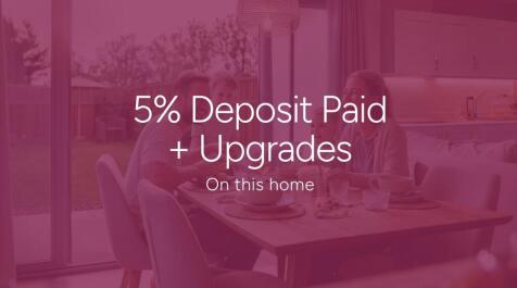 A white line drawing of a house sits above the text "5% Deposit Paid + Upgrades" on a muted blue bac
