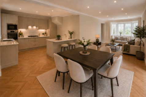 dining to kitchen and lounge staged