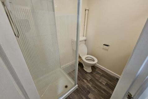 Compact bathroom with a corner shower enclosure...