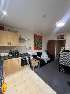 Open-plan living area with a compact fitted kit...