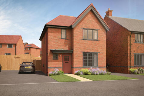 A modern brick house with a red door and manicured lawn sits in the foreground