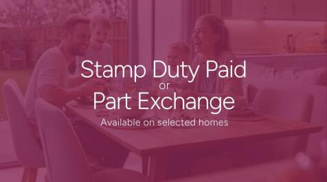 A house icon with a pound symbol is centered above the text "Stamp Duty or Part Exchange" on a deep
