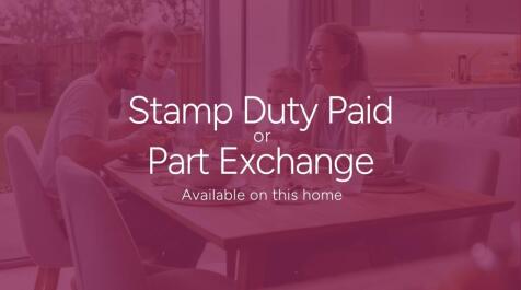 A house icon with a pound sign is centered above the text "Stamp Duty or Part Exchange" on a deep pi