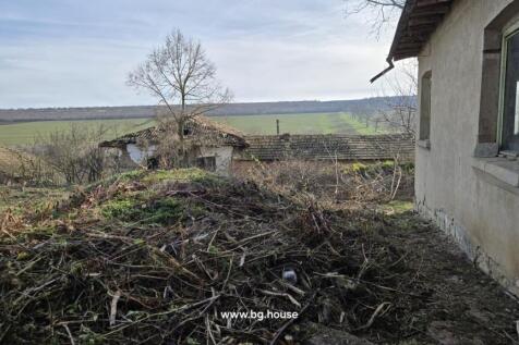 Garden area beside the house showing overgrown vegetation and a view of distant fields under a partly cloudy sky.