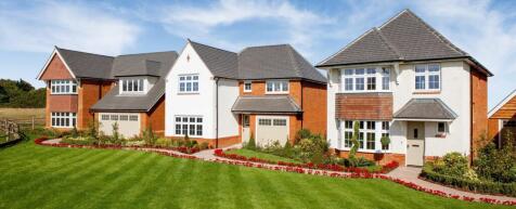 A row of modern detached houses with driveways and well-maintained front gardens under a blue sky at
