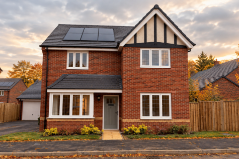 A modern two-story red brick house with solar panels stands before a backdrop of autumn trees and a