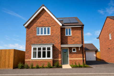 A modern brick house with solar panels on the roof stands in the foreground