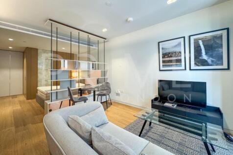 This superb luxury studio apartment in Southbank Place offers 397 sq ft of internal space, a Juliet balcony and excellent finishes throughout, and is available to rent through Prime London. The apartm