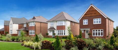 Brick houses in Hampden Meadows, surronded by a beautiful garden with flowers under a blue sky at Ha