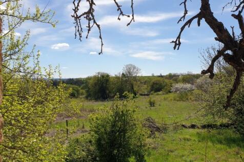 A peaceful rural landscape with green trees and shrubs under a partly cloudy blue sky, framed by a stone wall on the left and tree branches above.