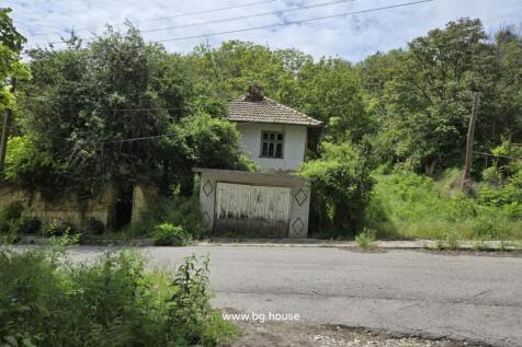 View of an old Bulgarian house with a tiled roof and a garage door, surrounded by thick green bushes and trees.