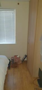 Compact bedroom with wooden flooring, a tall fi...